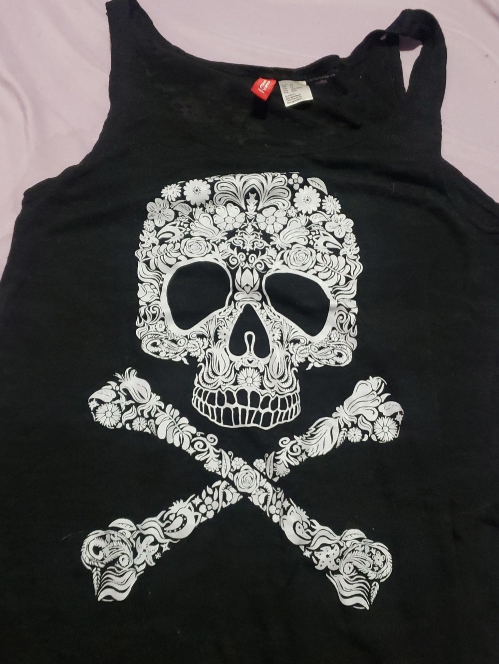 H&M Black Tank Top with White Floral Skull Graphic